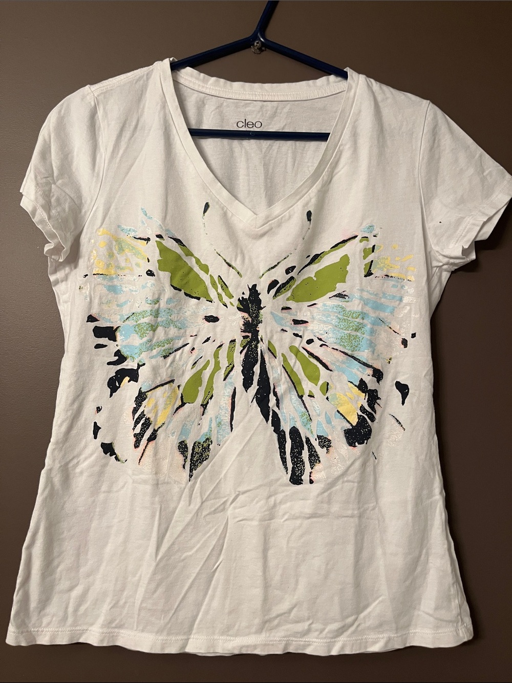Cleo 100% cotton White V-Neck Butterfly Tee with Green, Aqua, black. MEDIUM